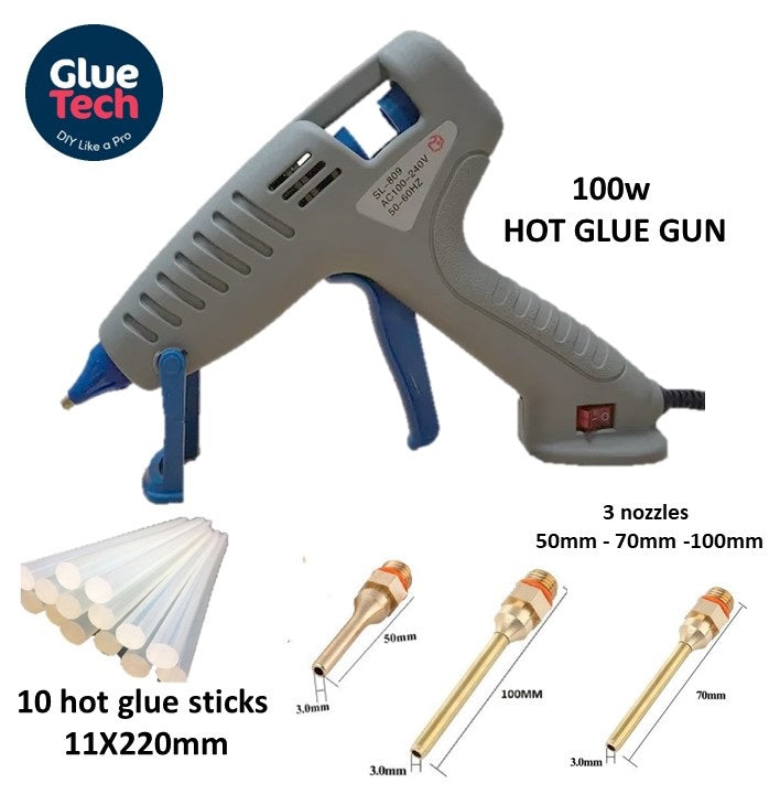 100W Professional Hot Melt Glue Gun kit 10X Glue Sticks 3 nozzles UK fuse plugON/OF