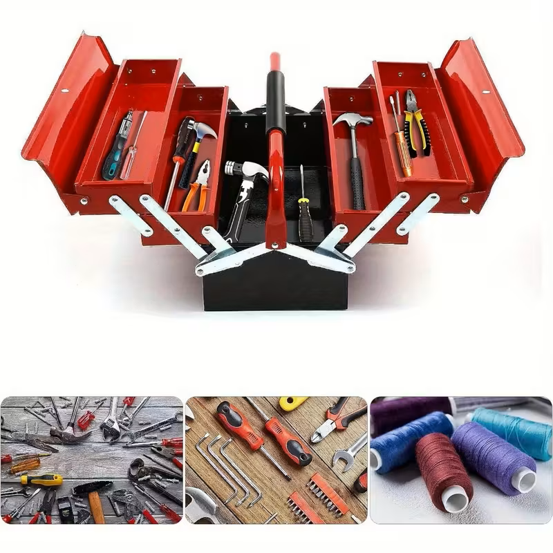 Heavy-Duty 3-Tier Metal Tool Box – 5 Tray Cantilever Storage Case (43×22×21cm, Red)