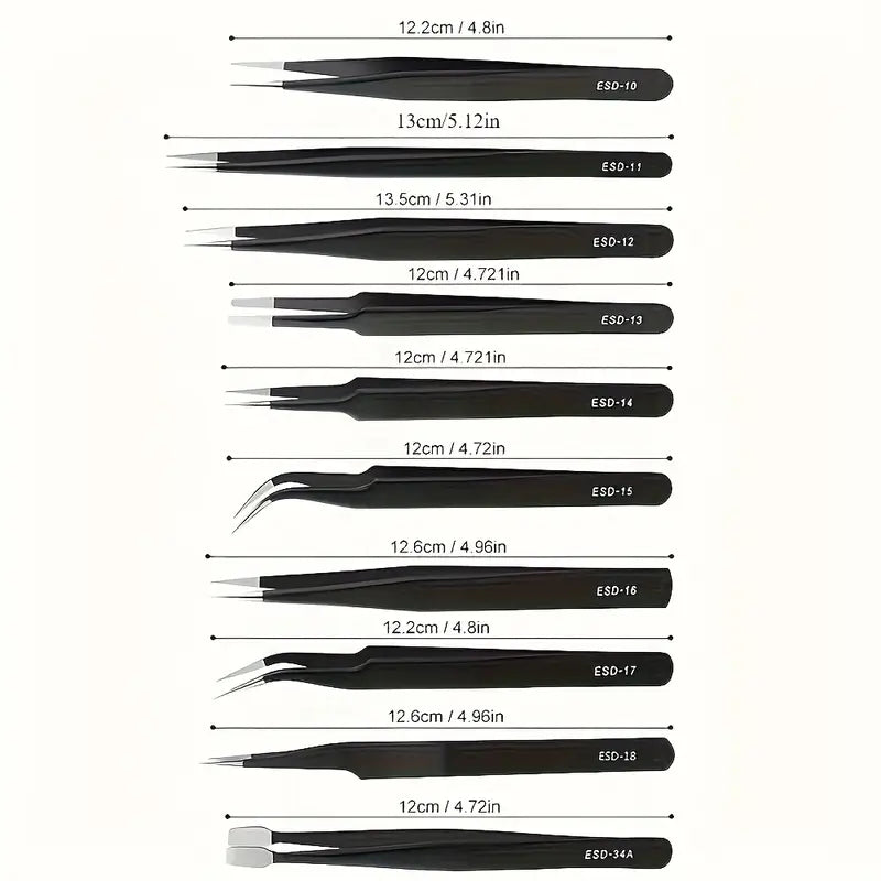 10pcs Precision Anti-Static Tweezers Set – Stainless Steel for Crafts & Electronics