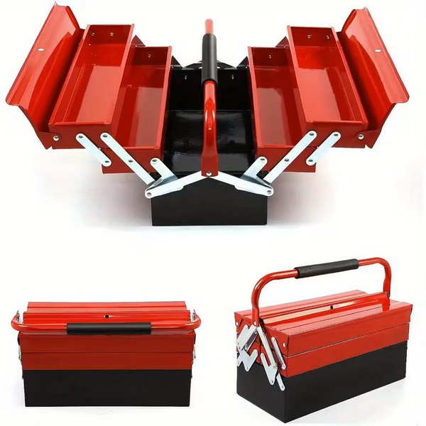Heavy-Duty 3-Tier Metal Tool Box – 5 Tray Cantilever Storage Case (43×22×21cm, Red)