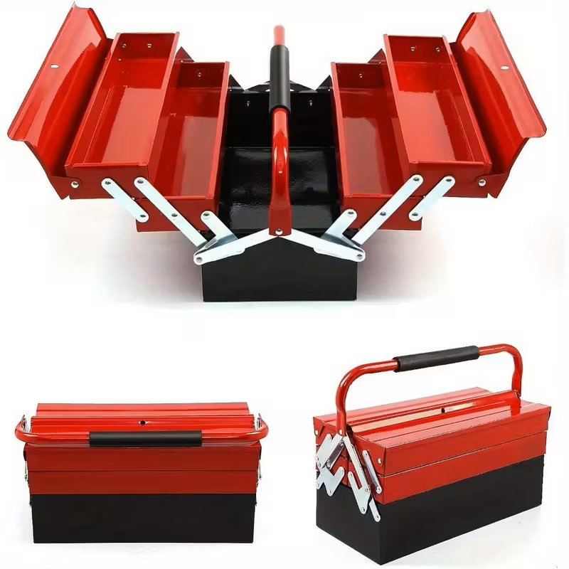 Heavy-Duty 3-Tier Metal Tool Box – 5 Tray Cantilever Storage Case (43×22×21cm, Red)