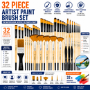 32Pc Artist Paint Brush Set Watercolour Acrylic Oil Craft Fine Detail Brushes