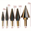 5PCS HSS Coated Step Drill Bit Set – Multi-Size, 1/4" & 3/8" Shanks, Metric & Inch Markings – Metal, Wood, Plastic