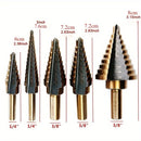 5PCS HSS Coated Step Drill Bit Set – Multi-Size, 1/4" & 3/8" Shanks, Metric & Inch Markings – Metal, Wood, Plastic