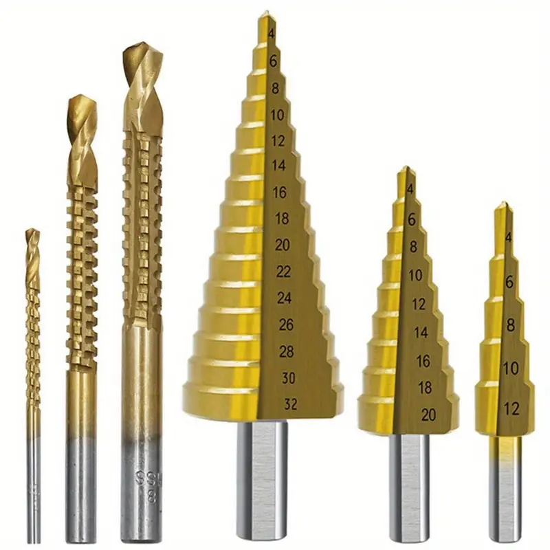 6Pcs Titanium Coated Spiral Step Cone Drill Bit Set 4-32mm with Hex Shank