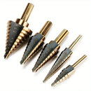 5PCS HSS Coated Step Drill Bit Set – Multi-Size, 1/4" & 3/8" Shanks, Metric & Inch Markings – Metal, Wood, Plastic