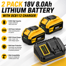 2 Pack 18V 8.0Ah Lithium Battery with DCB112 Charger Compatible with DeWalt XR