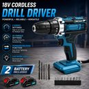18V Cordless Drill Driver Kit - 2 Batteries - Electric Screwdriver