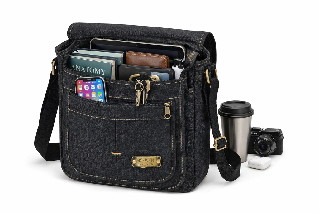 Black Messenger Shoulder Bag | Crossbody Bag with Zip