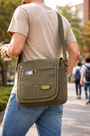 Olive Green Messenger Shoulder Bag | Crossbody Bag with Multiple Zip Pock