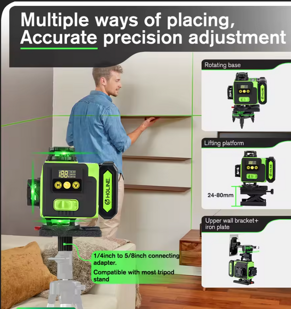 HGLINE 4D 16-Line Green Laser Level – Self-Leveling, APP & Remote Control, 360° Coverage,