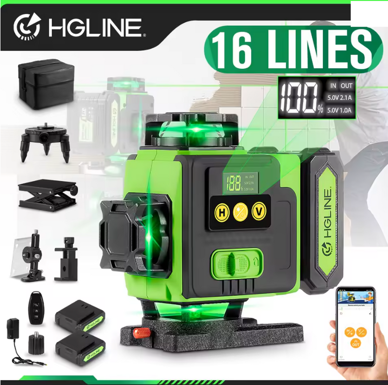 HGLINE 4D 16-Line Green Laser Level – Self-Leveling, APP & Remote Control, 360° Coverage,