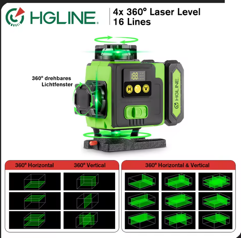 HGLINE 4D 16-Line Green Laser Level – Self-Leveling, APP & Remote Control, 360° Coverage,