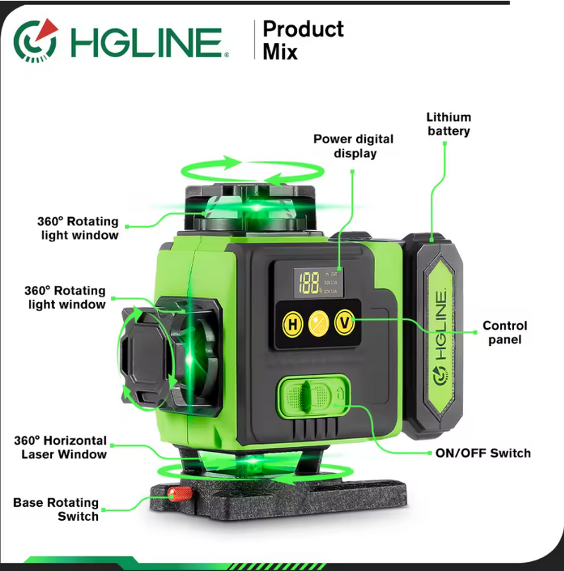 HGLINE 4D 16-Line Green Laser Level – Self-Leveling, APP & Remote Control, 360° Coverage,
