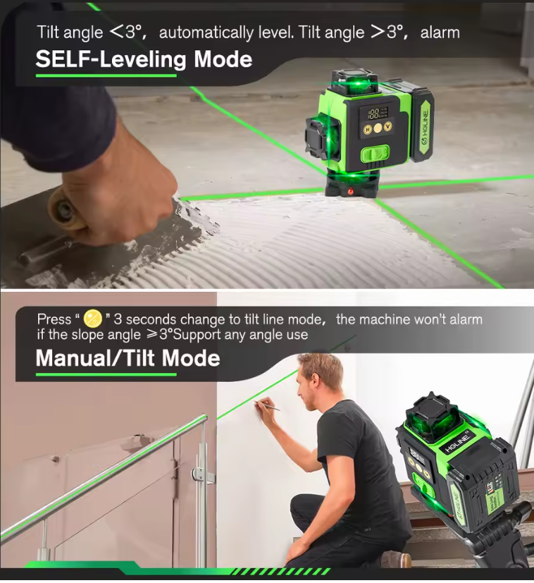 HGLINE 4D 16-Line Green Laser Level – Self-Leveling, APP & Remote Control, 360° Coverage,