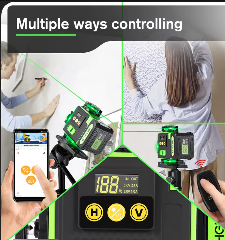 HGLINE 4D 16-Line Green Laser Level – Self-Leveling, APP & Remote Control, 360° Coverage,