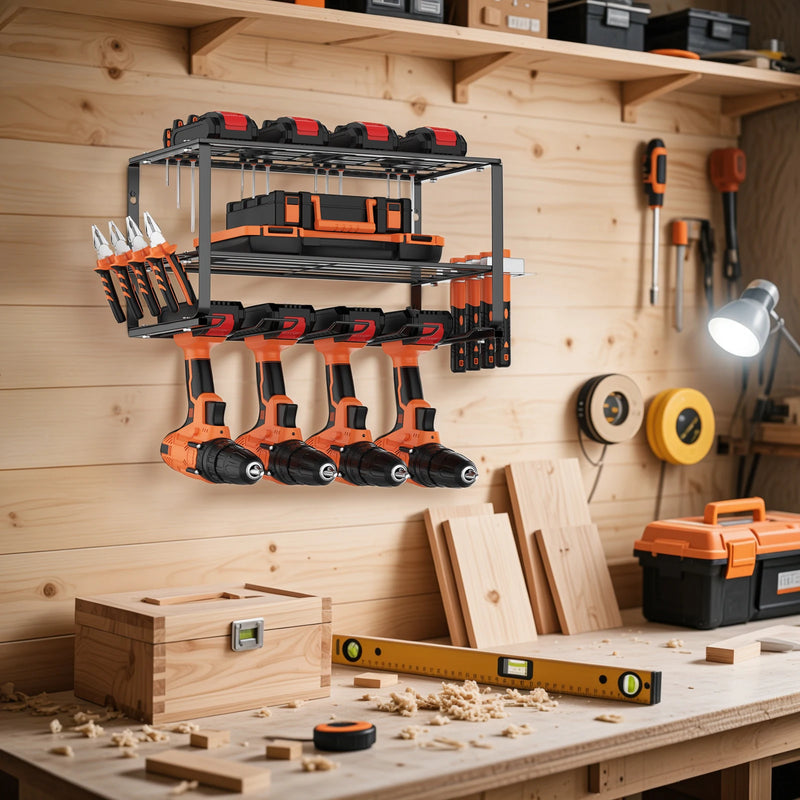 Wall Mounted Power Tool Organiser with 4 Drill Holders 3-Tier Shelf