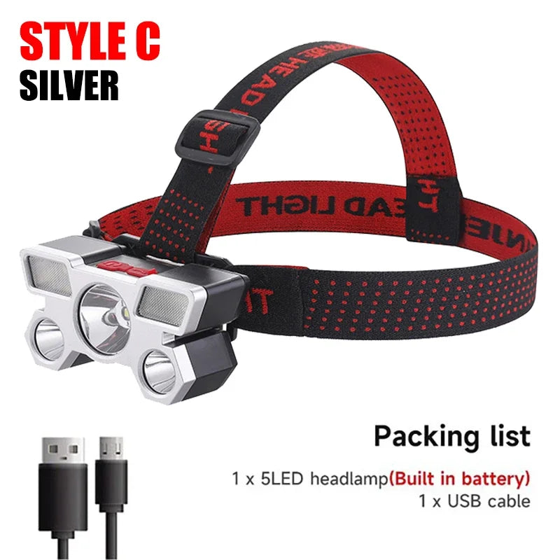 Rechargeable 5-LED Headlamp – Built-in 18650 Battery