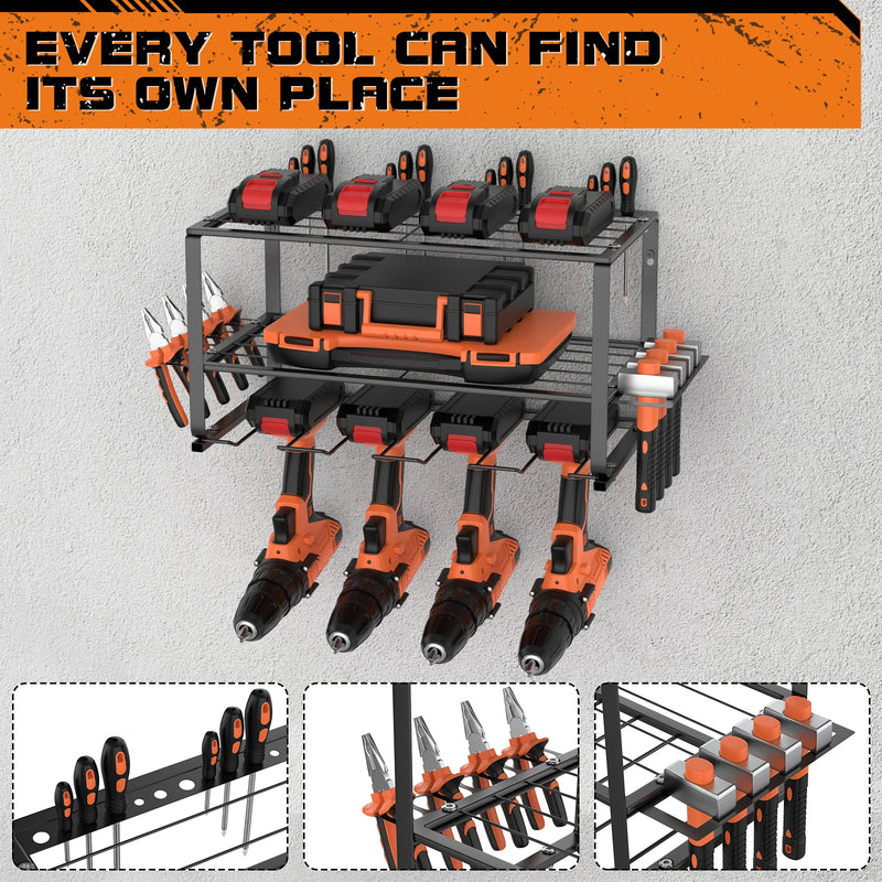 Wall Mounted Power Tool Organiser with 4 Drill Holders 3-Tier Shelf