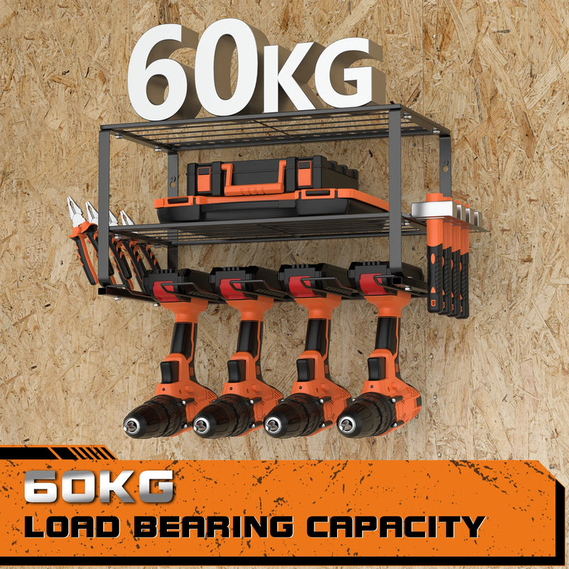 Wall Mounted Power Tool Organiser with 4 Drill Holders 3-Tier Shelf