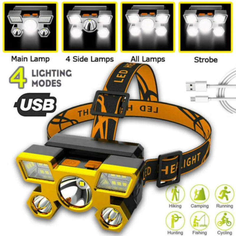 Super Bright 5-LED USB Rechargeable Headlamp – Waterproof Outdoor Head Flashlight