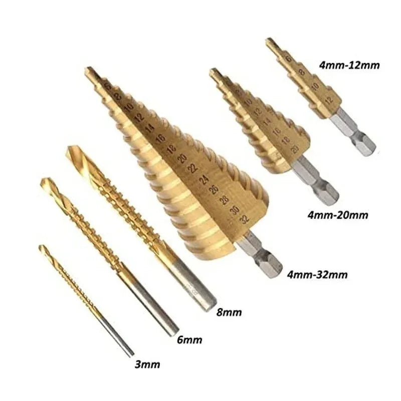 6-Piece Titanium-Coated Drill Bit Set – Step &amp; Twist Bits
