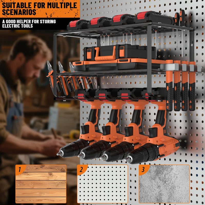 Wall Mounted Power Tool Organiser with 4 Drill Holders 3-Tier Shelf