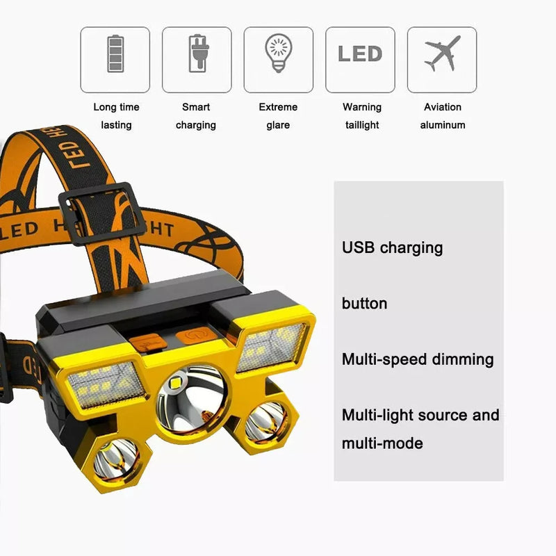 Super Bright 5-LED USB Rechargeable Headlamp – Waterproof Outdoor Head Flashlight