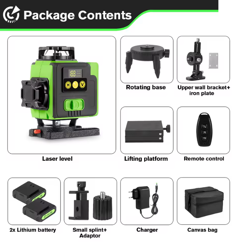 HGLINE 4D 16-Line Green Laser Level – Self-Leveling, APP & Remote Control, 360° Coverage,