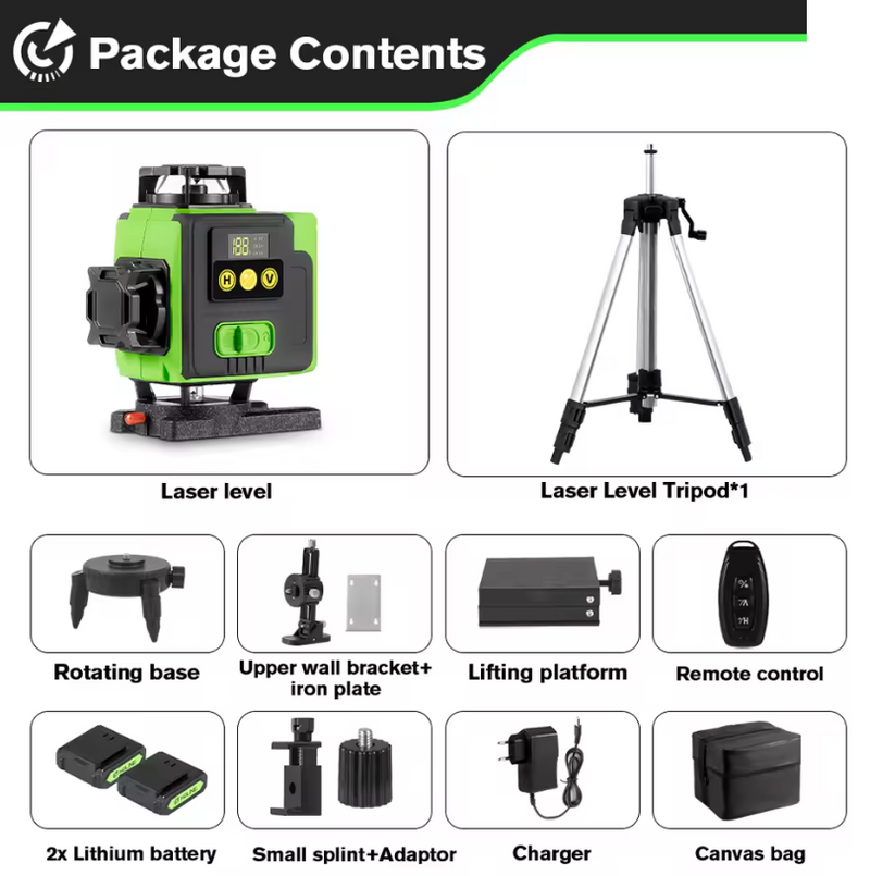HGLINE 4D 16-Line Green Laser Level – Self-Leveling, APP & Remote Control, 360° Coverage,