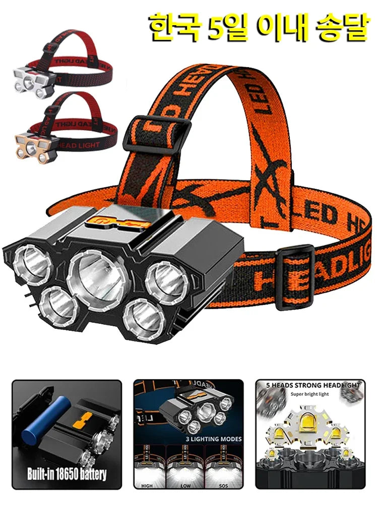 Rechargeable 5-LED Headlamp – Built-in 18650 Battery
