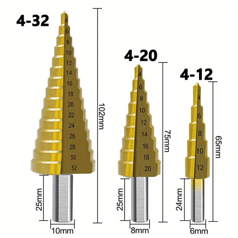 6Pcs Titanium Coated Spiral Step Cone Drill Bit Set 4-32mm with Hex Shank