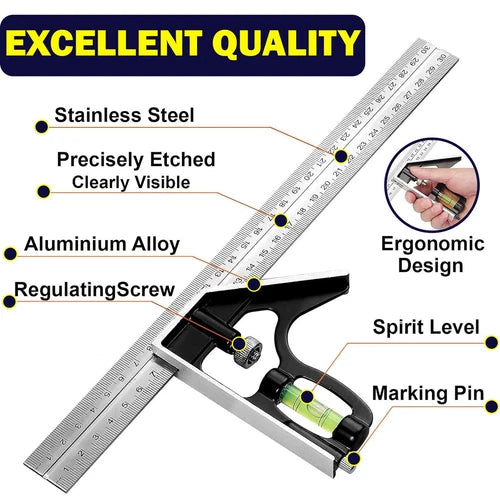 Combination Square 300mm 12" Stainless Steel Spirit