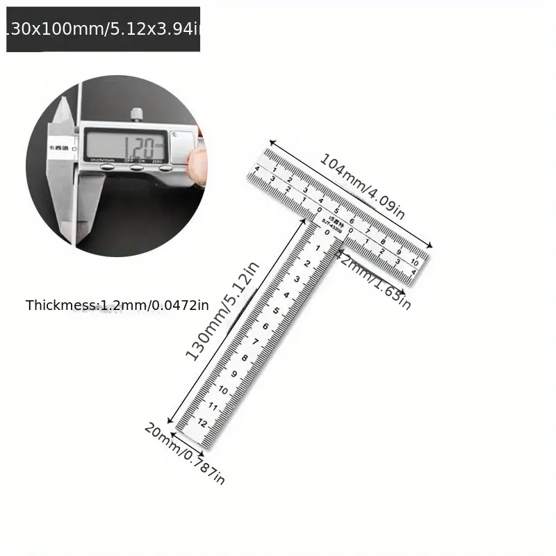 Stainless Steel T-Square Ruler – 90° Right Angle, Thick Scale