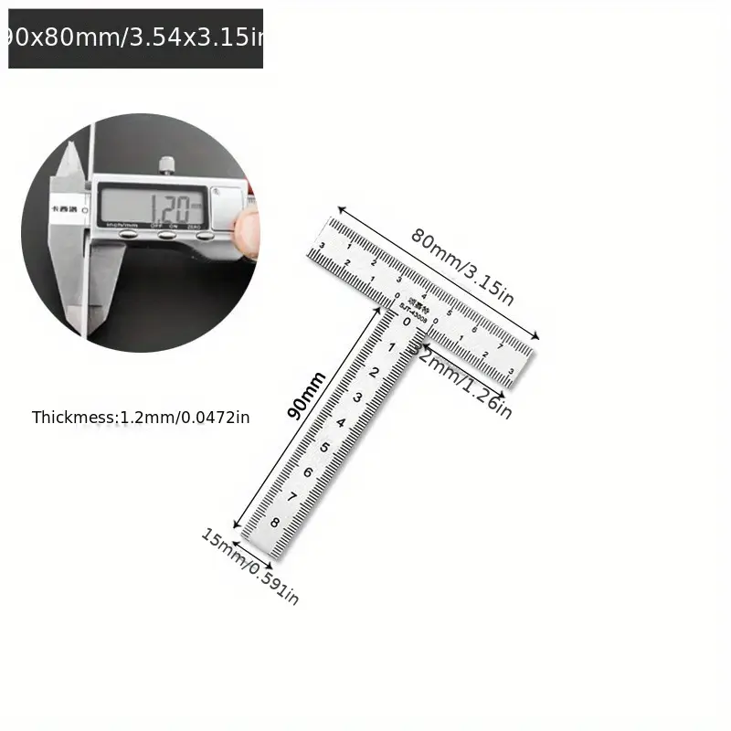 Stainless Steel T-Square Ruler – 90° Right Angle, Thick Scale